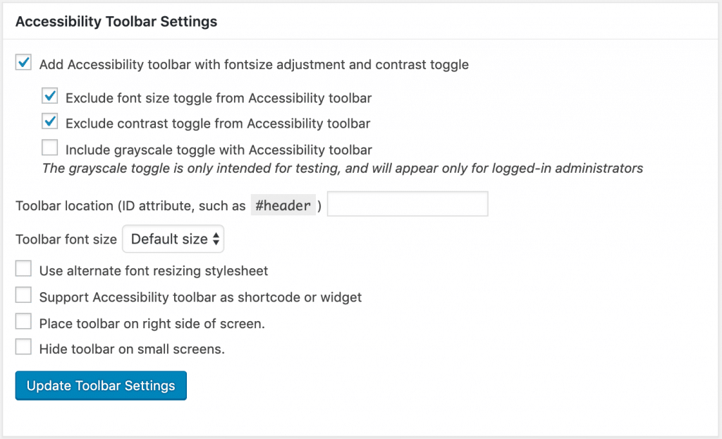 Screenshot of the Accessibility Toolbar settings in WP Accessibility