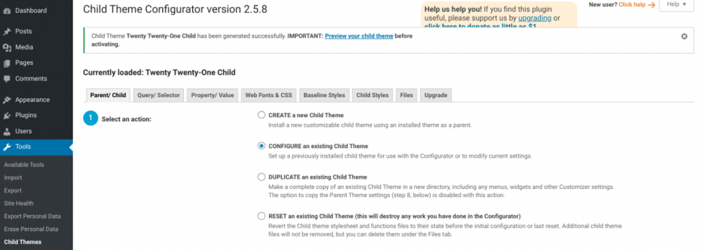 The option to preview a child theme in WordPress.