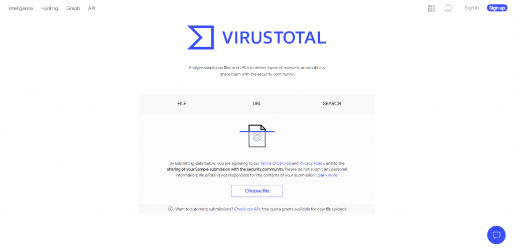 The homepage for the security scanner VirusTotal.