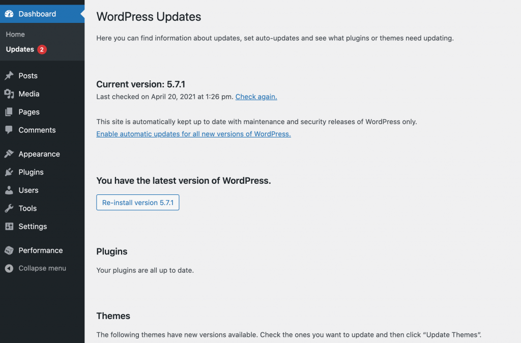 WordPress's update screen. 