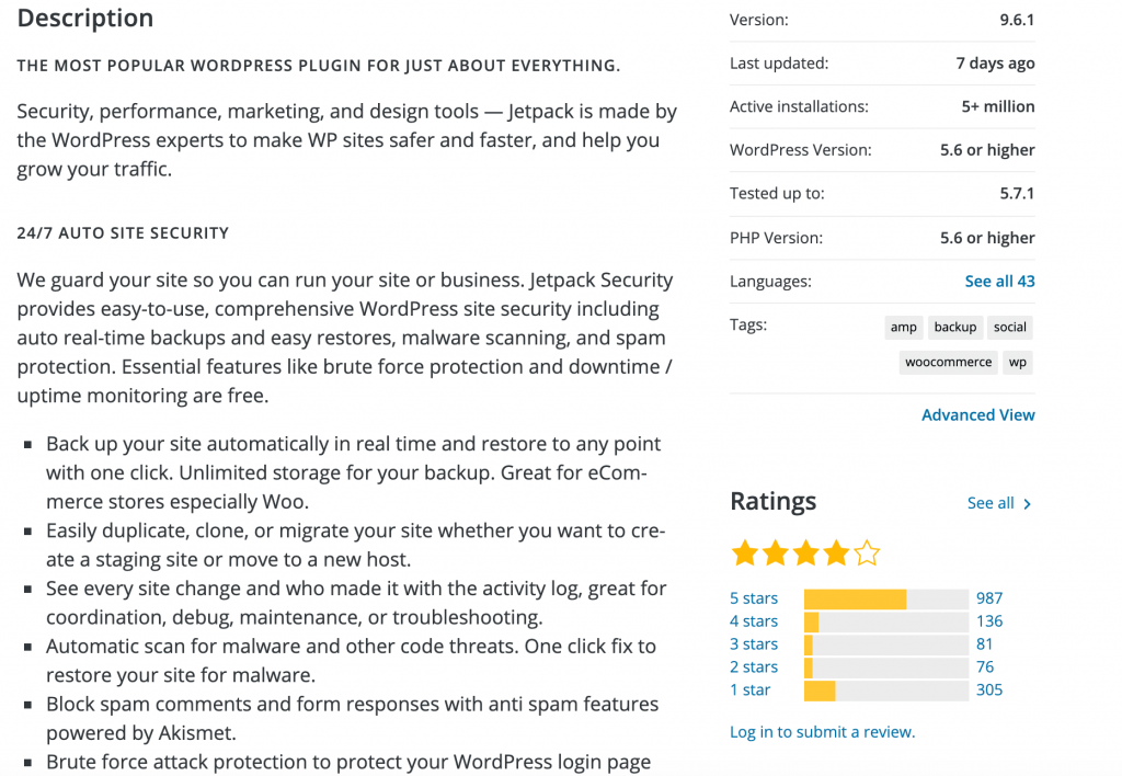 The ratings section of a WordPress plugin.