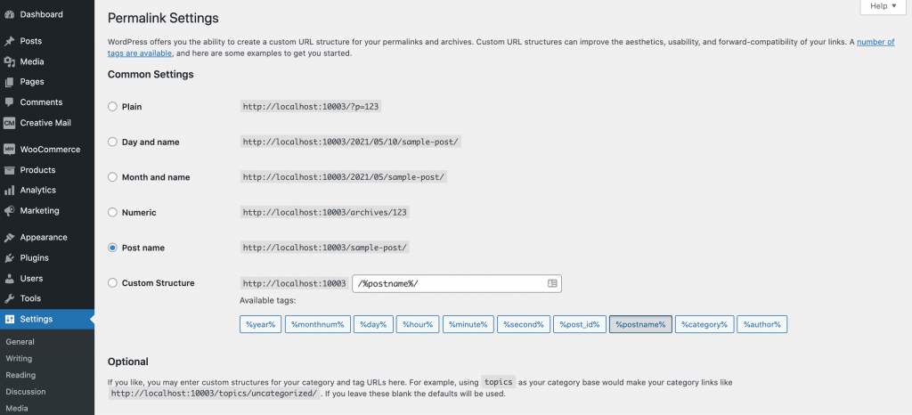 WordPress' permalink settings screen.
