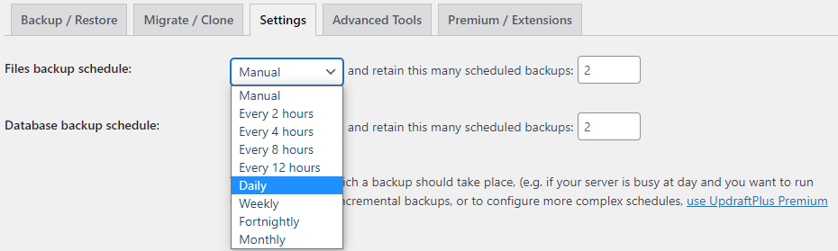 How to set a backup schedule in Updraft Plus.
