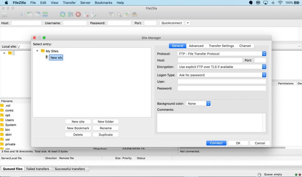 Connecting to a new site using FileZilla.