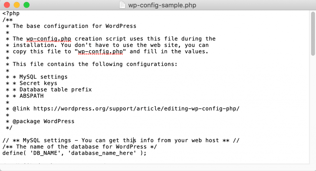 A WordPress wp-congif.php file.