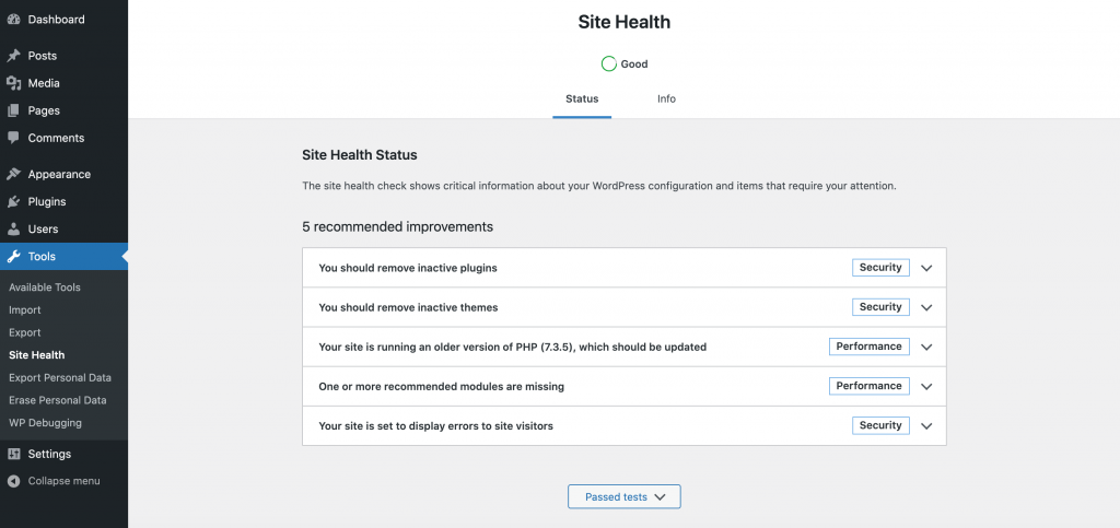 WordPress' Site Health tool.