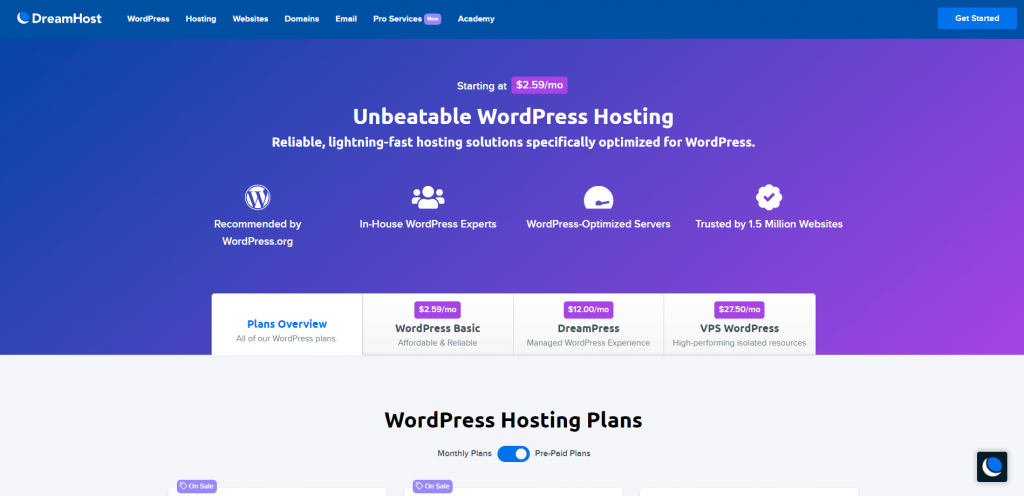 Screenshot of DreamHost's WordPress hosting landing page