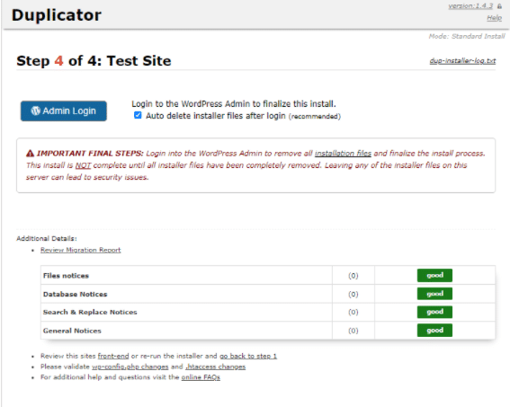Testing site with Duplicator Installer