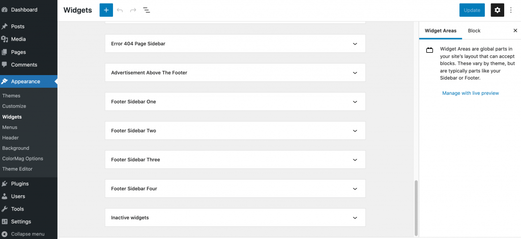 A WordPress theme's Widget settings.