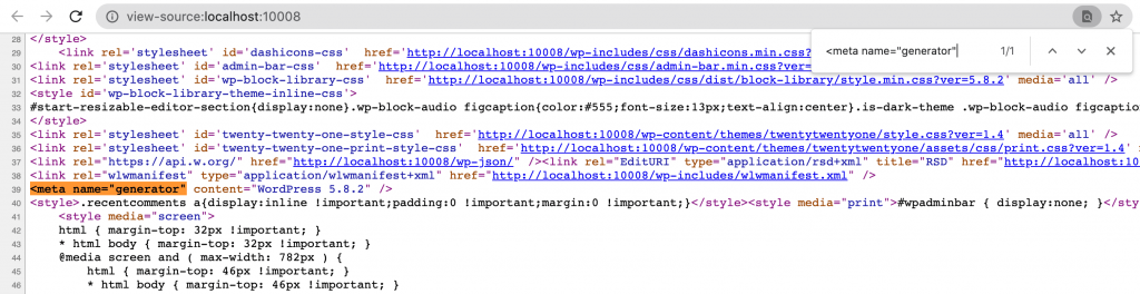 The current WordPress version in the Page Source.