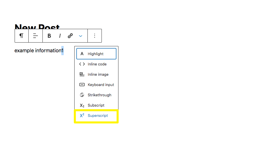 Block editor superscript