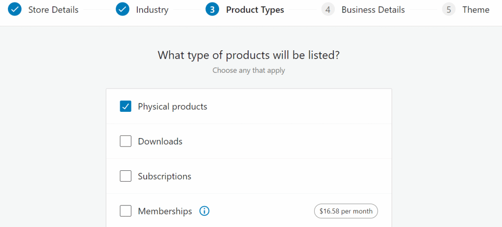 Choosing the type of products you sell in the WooCommerce setup wizard.