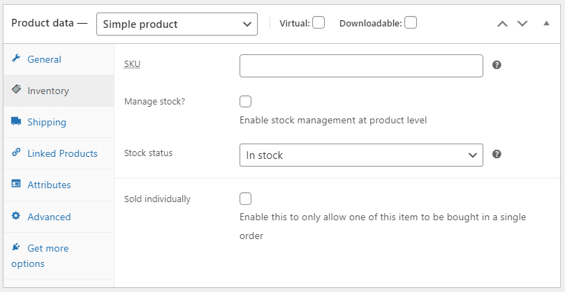 The Inventory options in WooCommerce