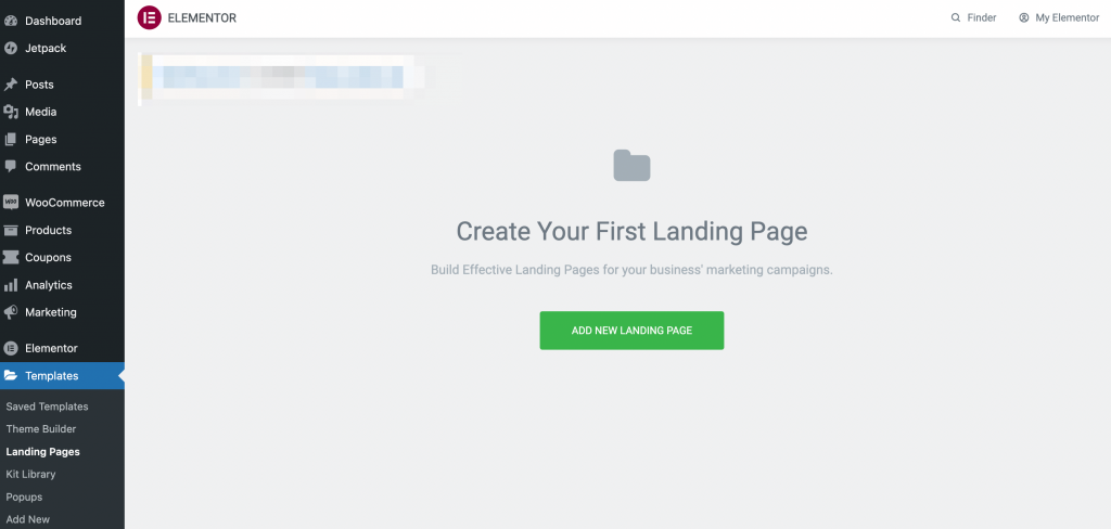 Adding a new landing page using Elementor on the WordPress dashboard. 