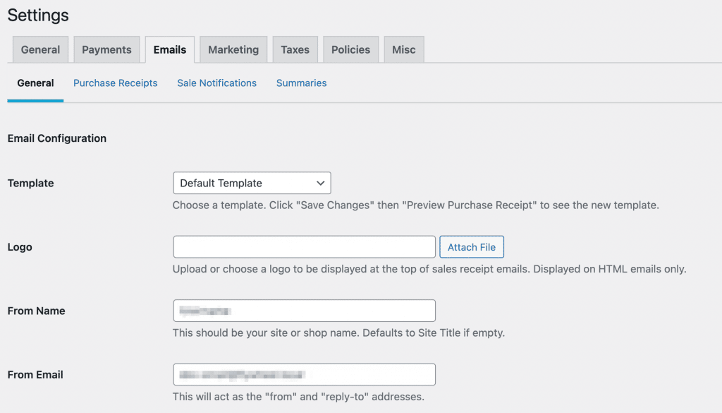 The Emails tab in Settings on the WordPress dashboard. 
