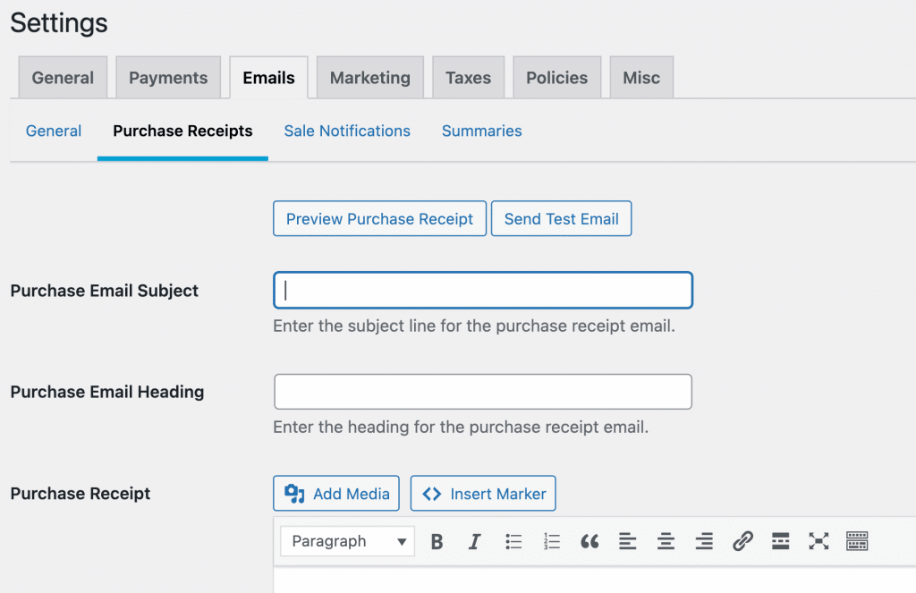 The Purchase Receipts tab in WordPress. 